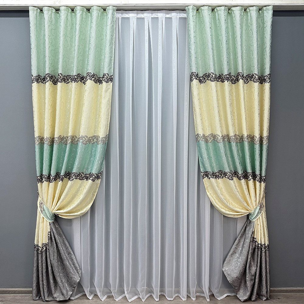 Комплект готових штор VR-Textil Льон № 1022ш Бежевий з бірюзовим 150х270 см 2 шт (30-834) Київ - фото 2