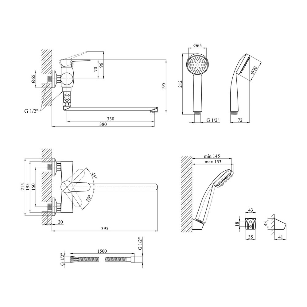 Змішувач для ванни Kroner KRM Elbe - C072 з душовим гарнітуром, хром Київ - фото 2