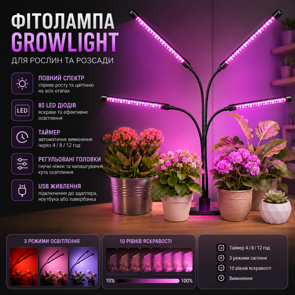 Світлодіодна фітолампа GrowLight 85 LED 4 головки Full Spectrum з таймером 4/8/12 год, регульованим штативом USB Київ - фото 11