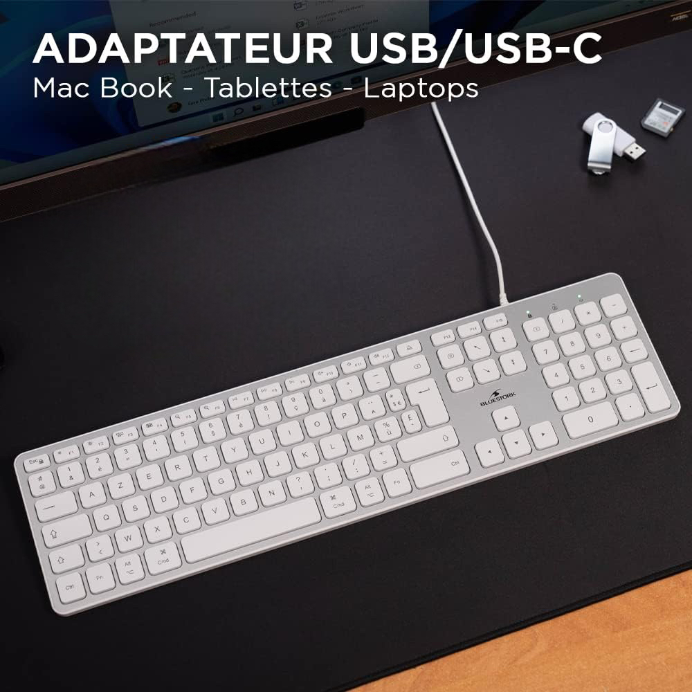 Клавіатура дротова мембранна Bluestork тиха, 13 мультимедійних клавіш, USB-A, біла AZERTY, стильна тонка для Mac, ПК, ноутбука Київ - фото 3