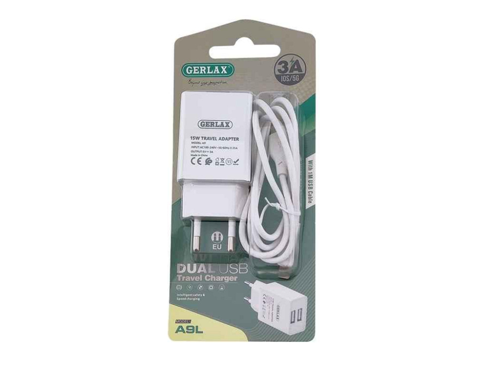 Мережевий зарядний пристрій iPhone Lightning A9L 3A-2USB 15w біле 1м блістер ТМ Gerlax Київ - фото 1