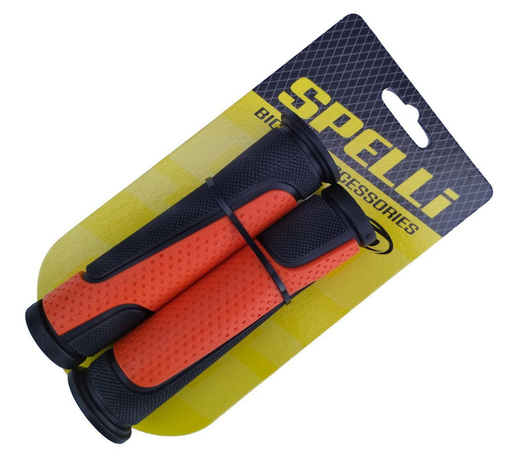 Грипси (ручки керма) SPELLI SBG-6708L чорно/жовтогарячі, прямі, 2-х фактурні, гума-каучук, довжина 127 мм Мукачево - фото 1