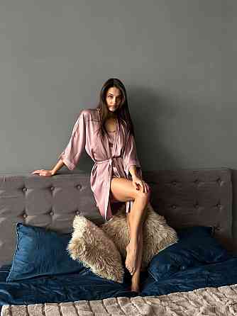 Халат женский шелковый под пояс длина 90см Пудровый XS/S Харьков