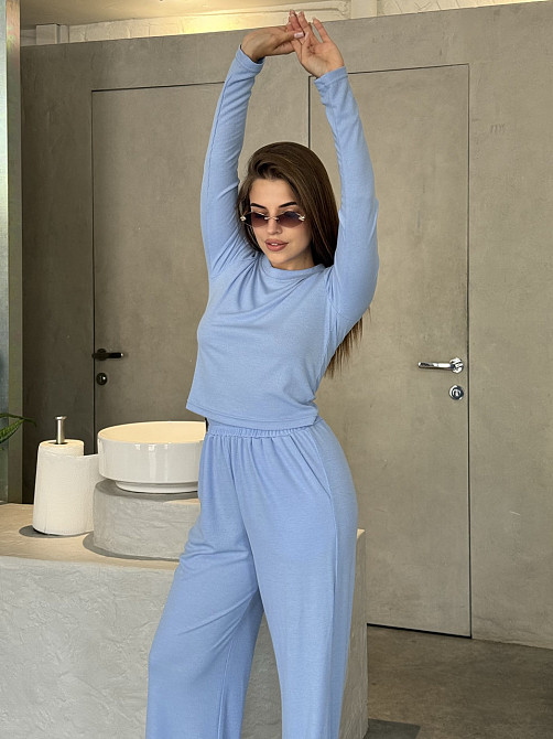 Жіночий костюм у рубчик із широкими штанами Блакитний XS/S Харків - фото 2