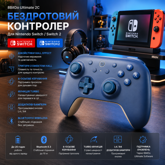 Беспроводной геймпад 8BitDo Ultimate 2C Bluetooth для Nintendo Switch / Switch 2, Hall Effect, Turbo, 6-осевое управление, L4/R4 Киев