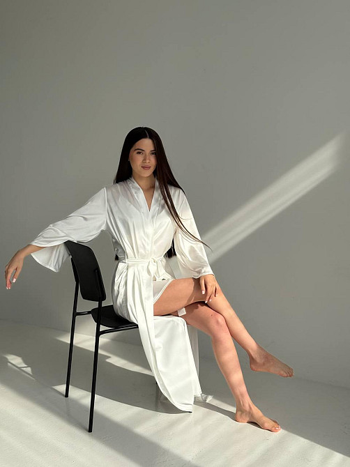 Жіночий довгий шовковий халат Айвори L/2XL Харьков - изображение 1