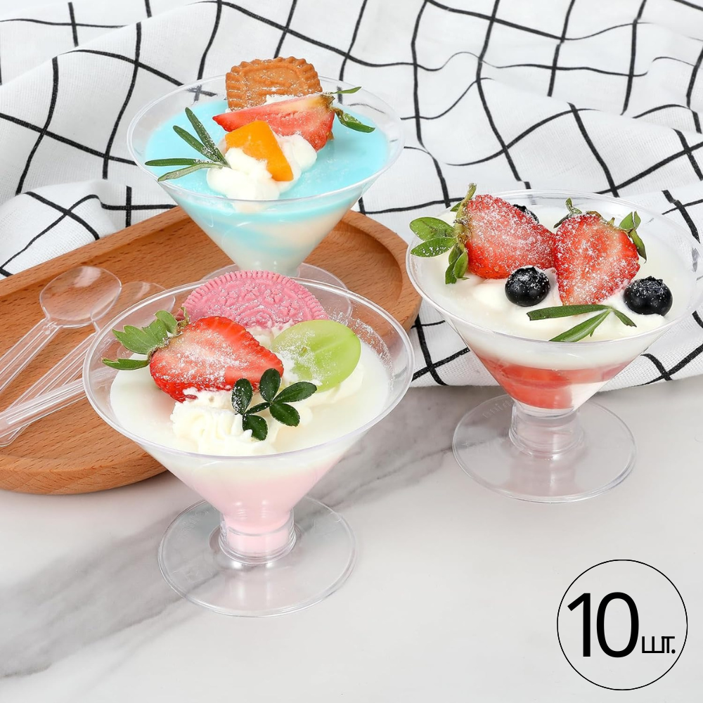 Набор стаканов десертных 150 мл, 10 шт, многоразовые, пластиковые для фуршетов креманка на съёмной ножке для десертов,прозрачная Каменец-Подольский - изображение 1