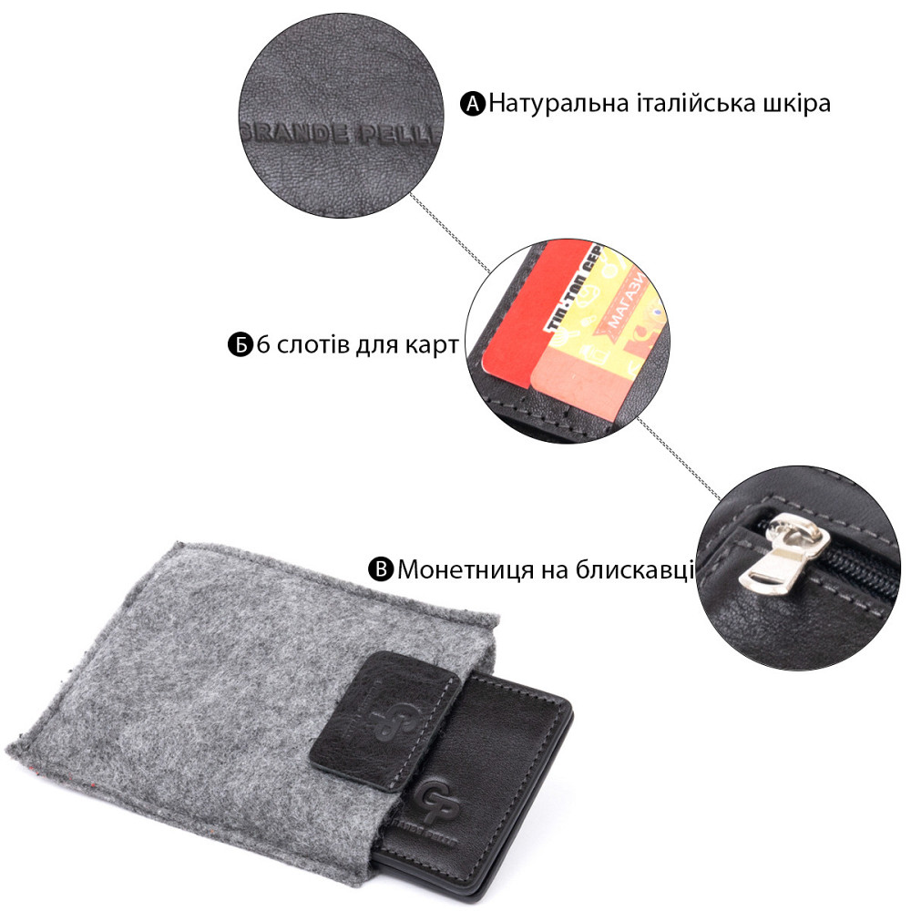 Стильне портмоне з затискачем для грошей без застібки в гладкій шкірі Чорне (GRANDE PELLE) Київ - фото 8