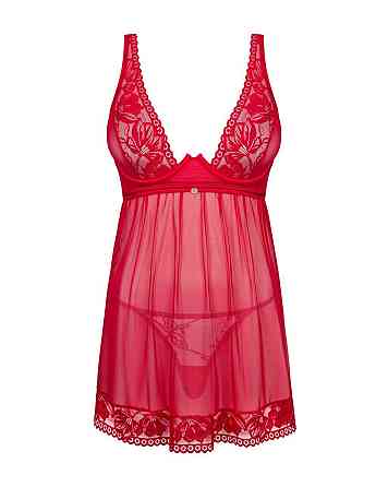 Прозора Сорочка бебі-дол Obsessive Lacelove babydoll & thong M/L Red, мереживо, стрінги Sex Aura Київ