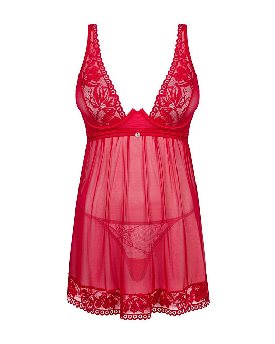 Прозора Сорочка бебі-дол Obsessive Lacelove babydoll & thong M/L Red, мереживо, стрінги Sex Aura Київ - фото 3