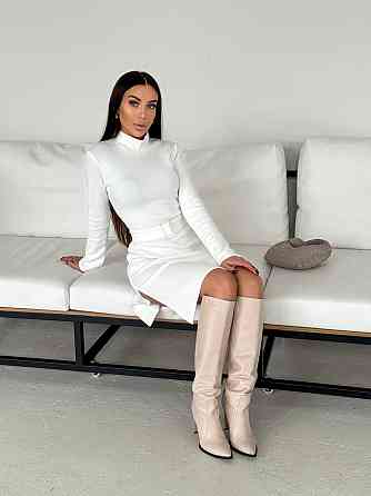 Женское стильное теплое и удобное платье с разрезами в длине миди турецкое двухстороннее ангора люкс Молочный, 46/48 Одесса