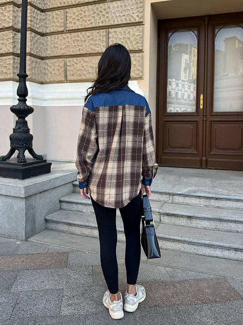 Жіноча стильна картата сорочка з джинсовими вставками турецька байка Коричневий, 50/52 Одеса - фото 2