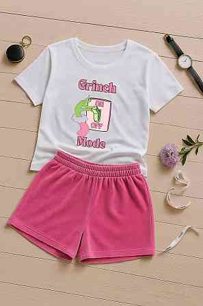 Жіночий домашній костюм-двійка з новорічним принтом турецький кулір бавовна + преміальний велюр Рожевий, 46/48 Одеса