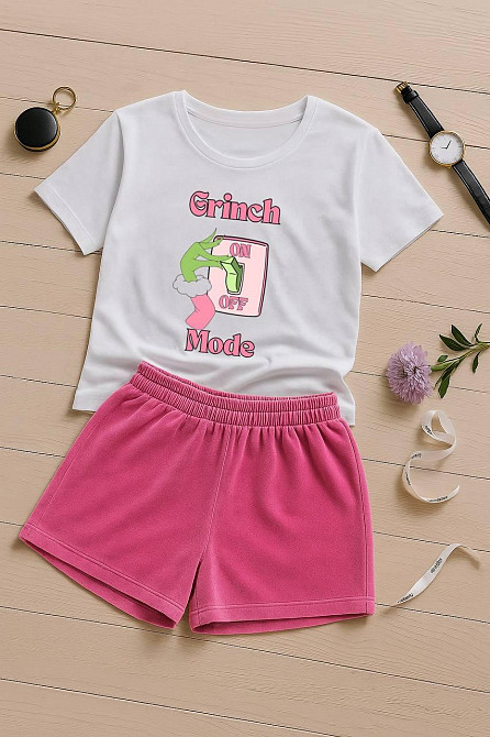 Жіночий домашній костюм-двійка з новорічним принтом турецький кулір бавовна + преміальний велюр Рожевий, 46/48 Одеса - фото 1