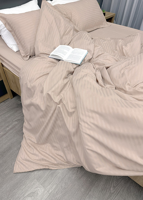 Комплект постельного белья Страйп-сатин Двуспальный 180х220 с простыней на резинке Таш (88-110) Киев - изображение 6