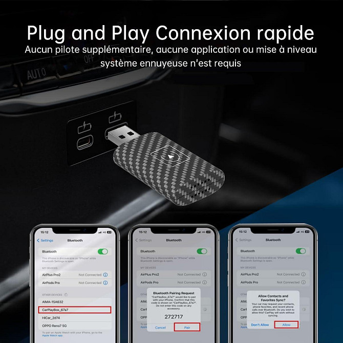 Бездротовий адаптер CarPlay 2024 для iPhone iOS 12+ Plug&Play, для авто зі штатним провідним Карплей Wi-Fi + Bluetooth Київ - фото 2