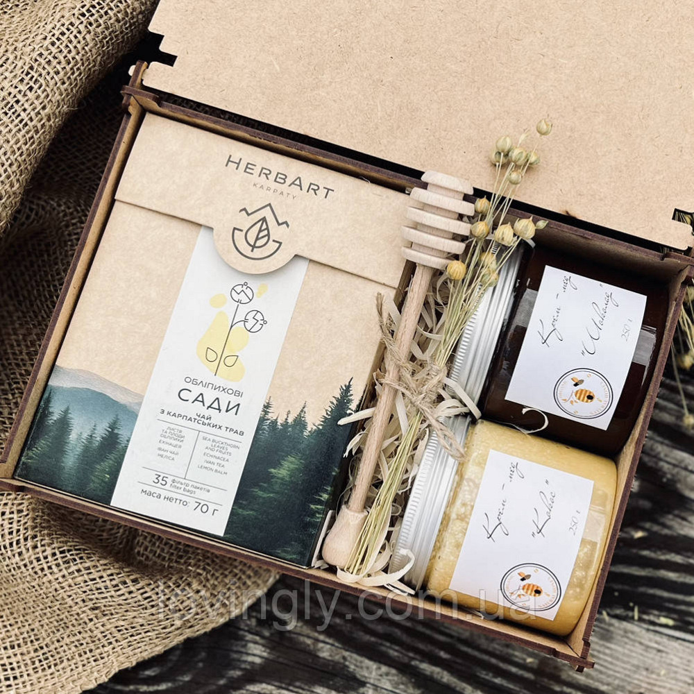 Подарочный набор для мужчины с чаем и крем-мед в деревянной коробке Ирпень - изображение 3