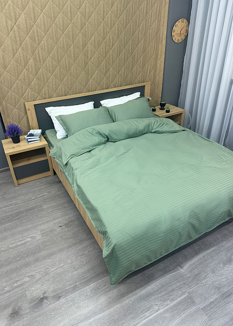 Комплект постільної білизни Страйп-сатин Євро 200х230 з простирадлом на резинці М'ятний (88-174) Київ - фото 4