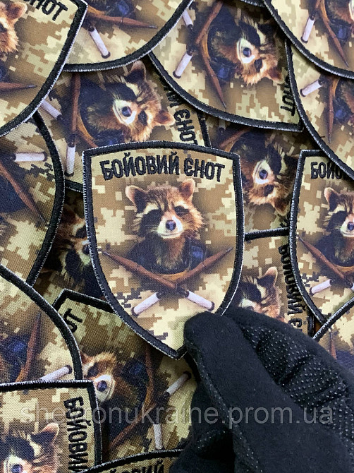 Печатный шеврон боевой енот (Форма щит. На липучке) Размер 9x7см Киев - изображение 4