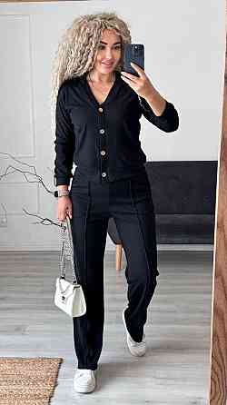 Женский стильный повседневный костюм двойка: кардиган на пуговицах + брюки трикотажный рубчик Черный, 50/52 Одесса