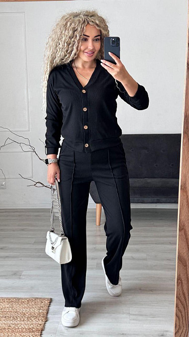 Женский стильный повседневный костюм двойка: кардиган на пуговицах + брюки трикотажный рубчик Черный, 50/52 Одесса - изображение 1