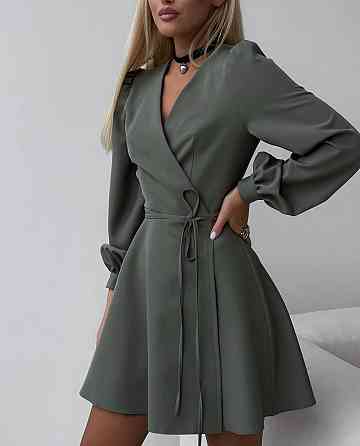 Женское базовое мини платье на запах костюмка Хаки Одесса
