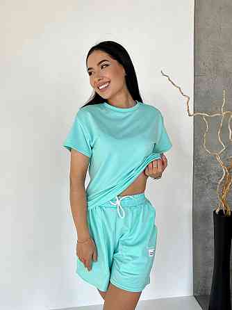 Жіночий літній прогулянковий костюм-двійка: футболка та шорти двонитка М'ята, 42/46 Одеса