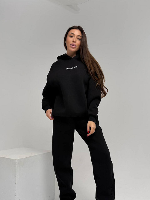 Жіночий стильний спортивний костюм-двійка: худі + штани, тринитка Пен'є на флісі турція Чорний, 50/52 Одеса - фото 1