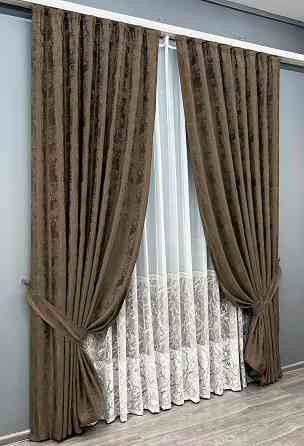 Комплект штор VR-Textil Жаккард Мрамор 150х270 2шт и Тюль 500х270 1203ш-1668т Коричневый с белым 71-119/4 Киев