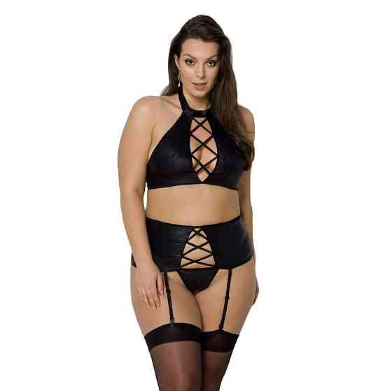 Комплект из экокожи Passion NANCY SET 4XL/5XL black, имитация шнуровки, топ, пояс для чулок Sex Aura Киев