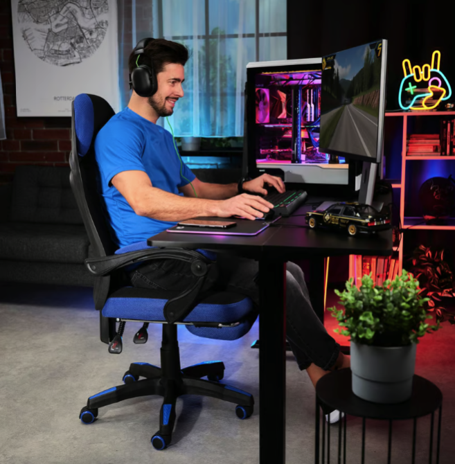 Геймерское компьютерное кресло черное с синим Sporte для дома, игровое кресло с выдвижной подставкой для ног Киев - изображение 3