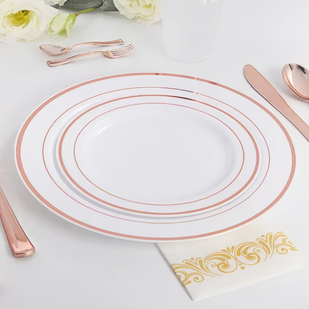 Набір тарілок пластикових 12 шт, десертні 19 см і обідні 26 см, круглі, білі рожево-золотистий візерунок Кам'янець-Подільський - фото 2
