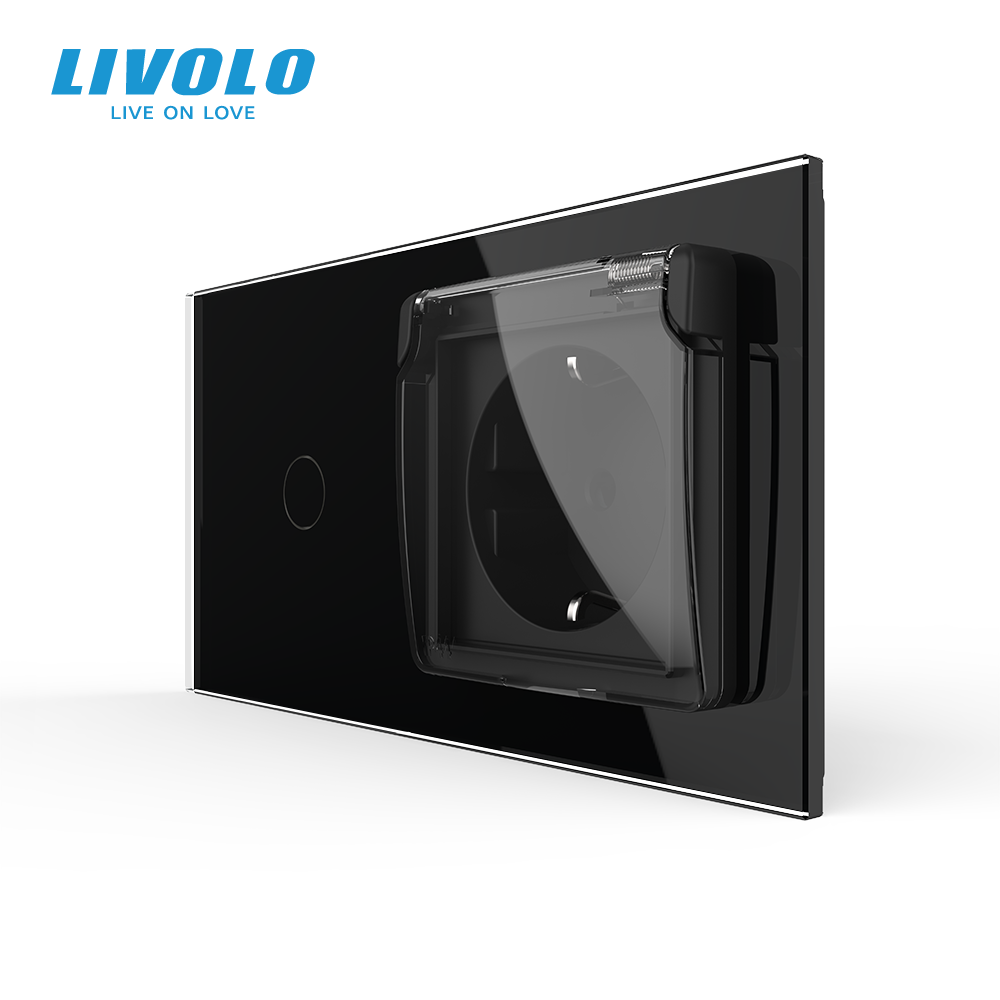 Сенсорний вимикач + розетка вологозахисна з кришкою IP44, з заземленням, чорна скляна рамка, шторки, LIVOLO (VL-C701/C7C1EUWF-12) Коломыя - изображение 5