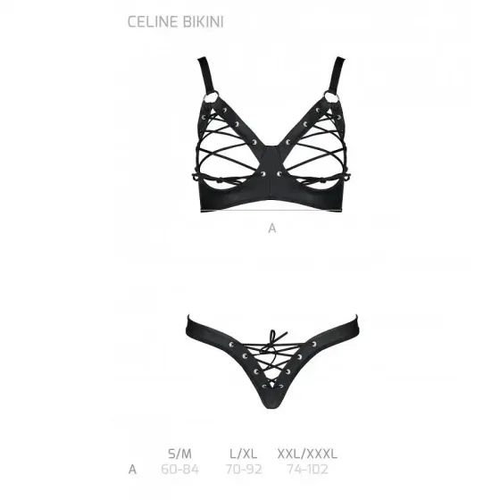 Комплект з екошкіри Passion CELINE BIKINI L/XL black, відкритий бра зі стрічками, стрінги Львів