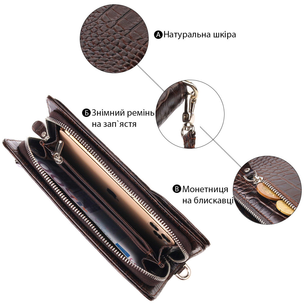 Функциональное портмоне клатч из натуральной кожи CANPELLINI 21536 Коричневое Киев - изображение 8