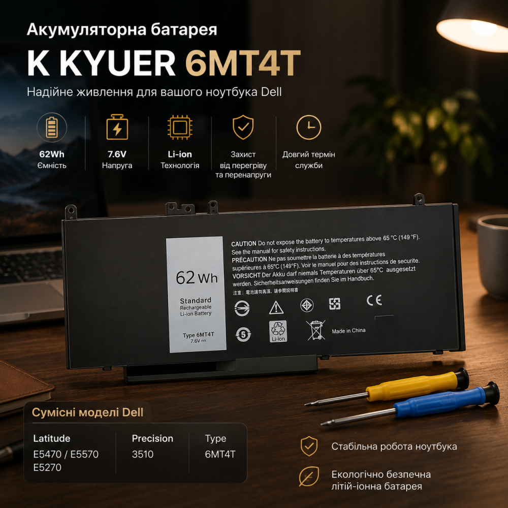 Аккумуляторная батарея K KYUER 6MT4T для Dell Latitude E5470 E5570 E5270 Precision 3510 7.6V 62Wh литий-ионная черная Киев - изображение 11