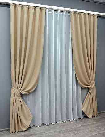 Комплект штор VR-Textil Лен Мешковина 150х270 2шт и Тюль 500х270 1162ш-115т Бежевый с белым 71-018/4 Киев