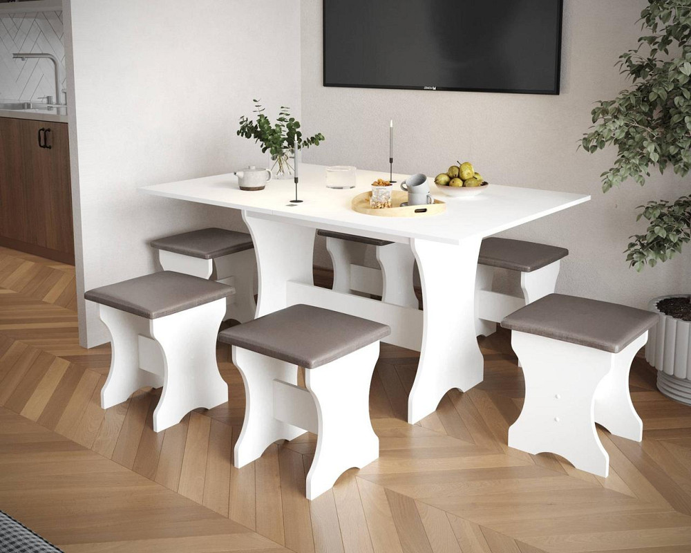 Обеденный стол и 6 мягких табуреток (комплект 7 предметов). МС - Белый Львов - изображение 1