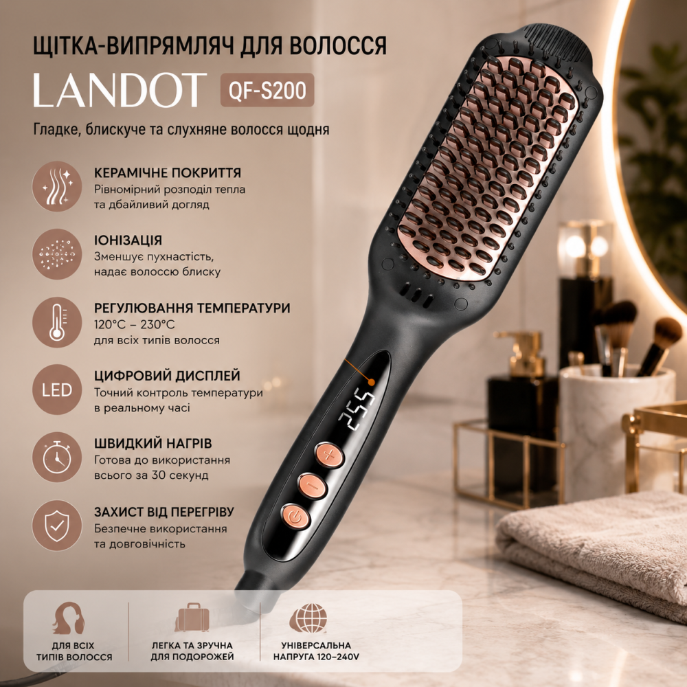 Щітка-випрямляч для волосся LANDOT QF-S200 з підігрівом, керамічним покриттям, іонізацією та цифровим дисплеєм 120–230°C Київ - фото 8