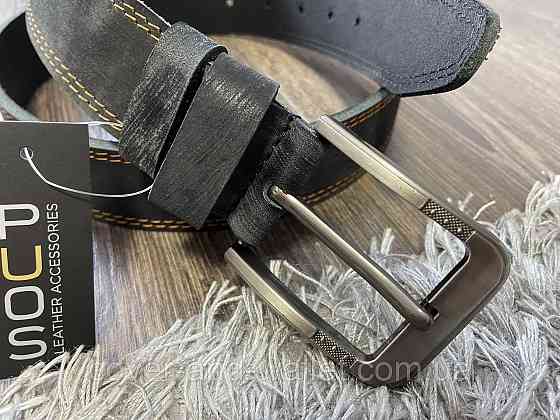 Cтильный мужской ремень из винтажной кожи серого цвета 40мм PS Leather Киев