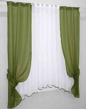 Кухонний комплект VR-Textil № 051к тюль і шторки з підв'язками оливковий з білим 270х170 см (50-243) Київ