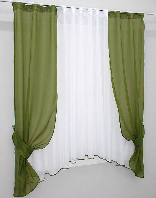 Кухонний комплект VR-Textil № 051к тюль і шторки з підв'язками оливковий з білим 270х170 см (50-243) Київ - фото 2