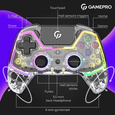 Геймпад GamePro GPS13T BT 5.3/USB/PC/iOS/Android/PS3/PS4 RGB Transparent (GPS13T) Вінниця - фото 6