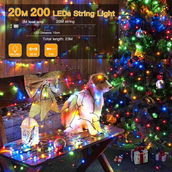 Рождественская гирлянда Ollny 20 м 200 LED, разноцветная, 8 режимов, пульт, таймер, IP44, питание от сети Киев