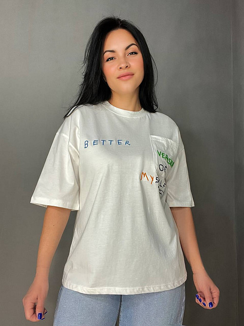 Футболка жіноча Pepper&mint BX24-19 біла оверсайз з кишенею та вишивкою , білий, S Київ - фото 1