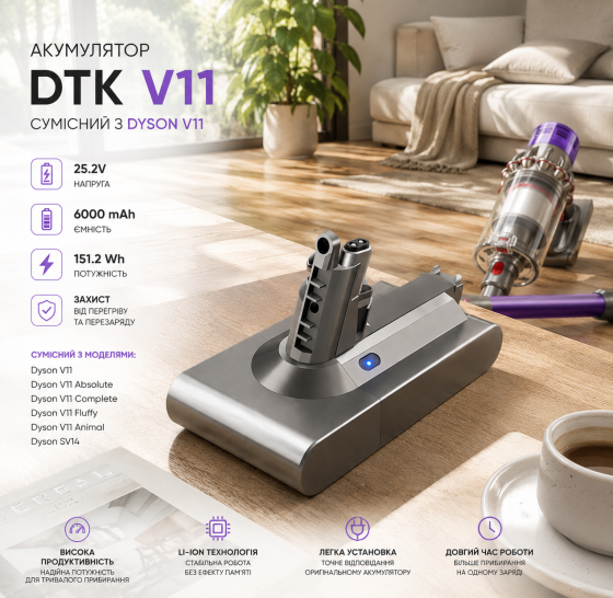 Акумулятор DTK V11 25.2V 6000 мА·год 151.2Wh для Dyson V11, SV14, V11 Absolute, Complete, Fluffy, Li-ion Київ