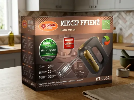 Ручной миксер BITEK BT-6634 1000 Вт, 1200 об/мин, черный, 4 насадки для взбивания и замеса теста Одесса