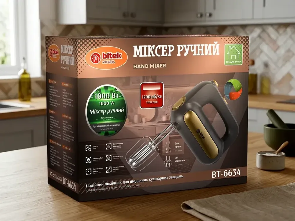 Ручной миксер BITEK BT-6634 1000 Вт, 1200 об/мин, черный, 4 насадки для взбивания и замеса теста Одесса - изображение 1