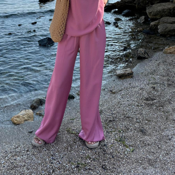 Жіночі штани рожеві однотонні вільні з високою талією на резинці для прогулянок і пляжу COSY «LUMIA» L-XL Одеса