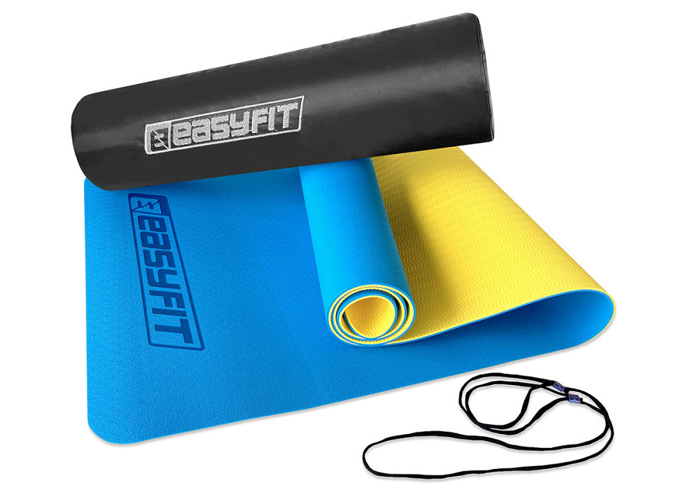 Килимок для йоги та фітнесу EasyFit TPE+TC 6 мм двошаровий + Чохол синій-жовтий Коломия - фото 4